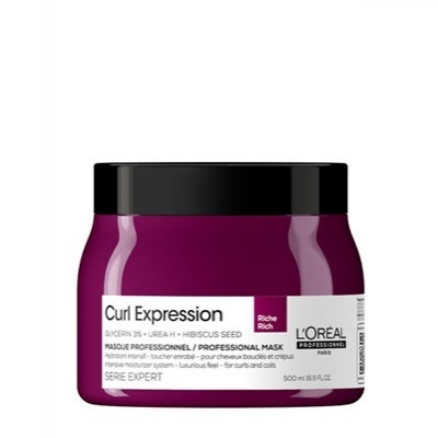 Frasco roxo com tampa preta da máscara profissional Curl Expression da L'Oréal Professeur