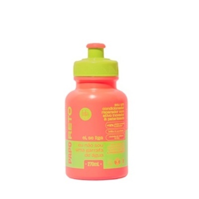 Garrafa desportiva pequena rosa neon com tampa verde e texto em português