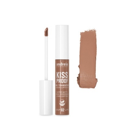 Batom líquido mate bege castanho com doseador e amostra da cor