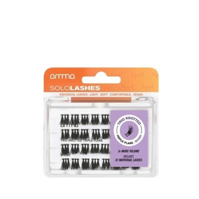 Pack de pestanas individuais pretas com embalagem transparente e detalhe laranja e lilás