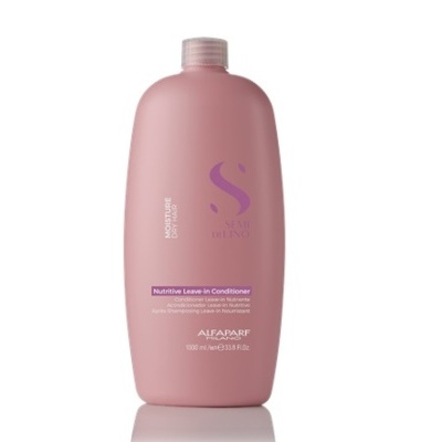Condicionador leave-in rosa com texto em branco e roxo e tampa transparente