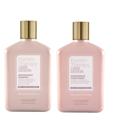 Duas embalagens rosa claro de produtos capilares Keratin Therapy Lisse Design com tampas douradas