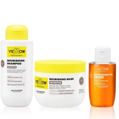 Produtos Yellow Professional shampoo, máscara e óleo nutritivos para cabelo