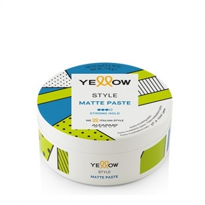 Recipiente de pasta de cabelo matte paste YE&OW com design colorido e texto em inglês