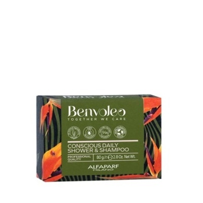Sabonete Benvoleo Conscious Daily Shower & Shampoo verde com detalhes laranja e texto branco