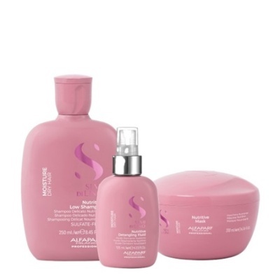 Produtos de cuidado capilar Alfaparf cor rosa, shampoo, fluido spray e máscara nutritiva.