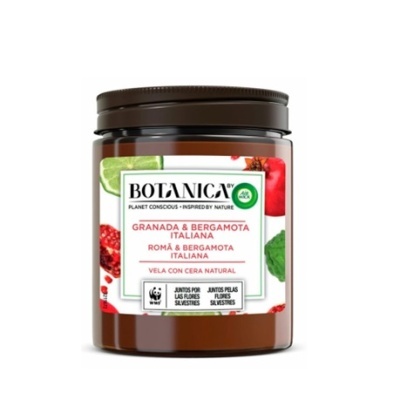 Vela natural em frasco castanho com rótulo colorido de frutas