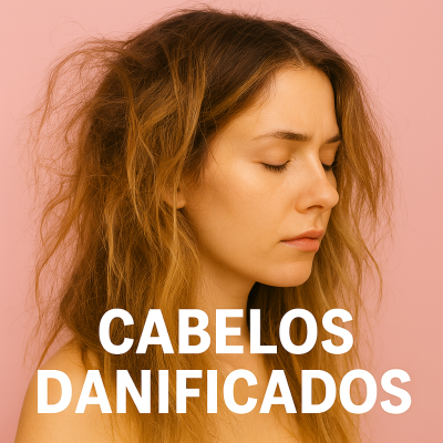 Mulher com cabelo louro danificado, texto 'CABELOS DANIFICADOS' em fundo rosa