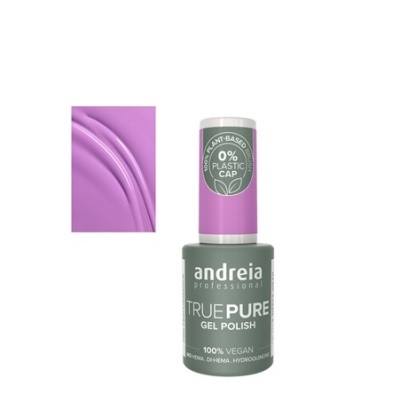 Esmalte de unhas em gel lilás Andreia True Pure com embalagem e rótulo visíveis.