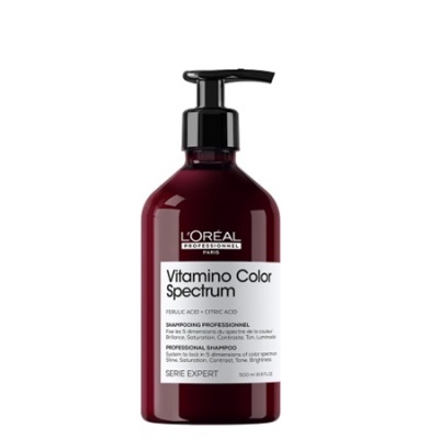 Frasco de champô L'Oréal Vitamino Color Spectrum vermelho com doseador preto