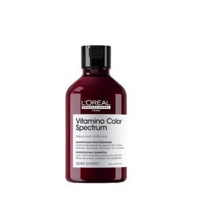Frasco vermelho escuro de shampoo L'Oreal Vitamino Color Spectrum