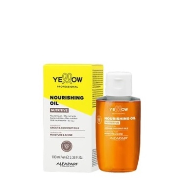 Frasco laranja de óleo nutritivo Yellow Professional ao lado da sua caixa amarela e branca