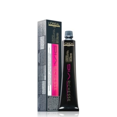 Tubo e caixa de coloração para cabelo L'Oréal em preto com texto rosa e dourado