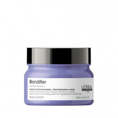 Frasco lilás de máscara Blondifier da L'Oréal com tampa preta