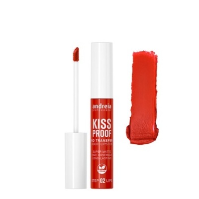 Batom líquido mate vermelho Andreia com aplicador e amostra da cor