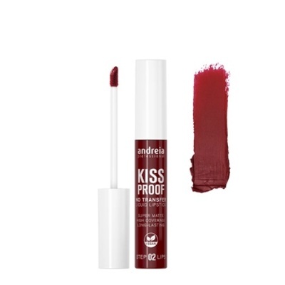 Batom líquido mate vermelho escuro Andreia Professional com aplicador e amostra da cor