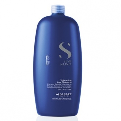 Frasco azul escuro de champô volumizador Alfaparf Semi Di Lino