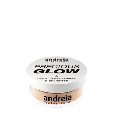 Pó solto iluminador Andreia Professional Precious Glow em embalagem branca e transparente
