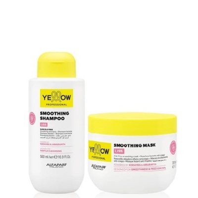 Conjunto Yellow Professional shampoo e máscara alisante com embalagens branca e tampas amarelas