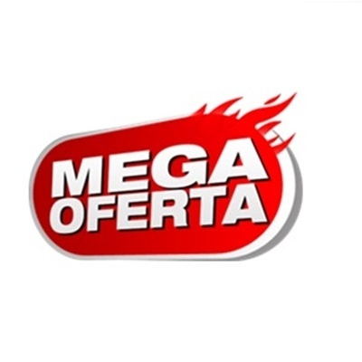 Ícone vermelho com texto branco MEGA OFERTA e chamas no canto superior direito