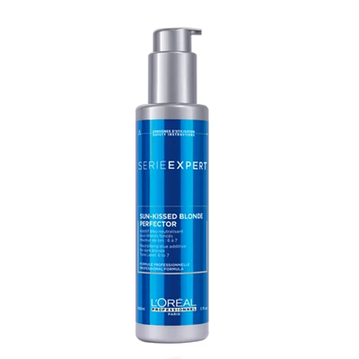 Frasco azul e cinza com doseador do produto Série Expert Sun-Kissed Blonde Perfector da L'Oréal