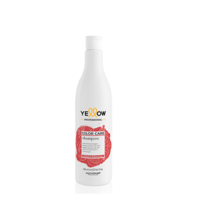 Frasco branco de champô Yellow Professional Color Care com rótulo vermelho