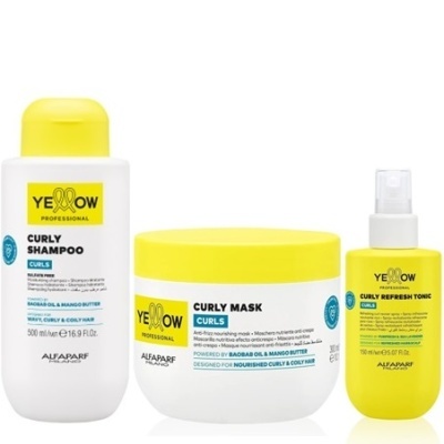 Três produtos para caracóis Yellow Professional: shampoo, máscara e tónico