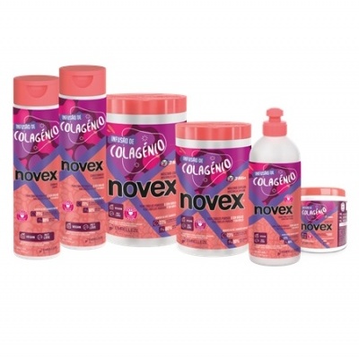 Produtos Novex Infusão de Colagénio em embalagens cor-de-rosa e roxas
