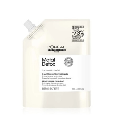 Refil creme de shampoo L'Oréal Metal Detox com texto sobre redução de plástico.