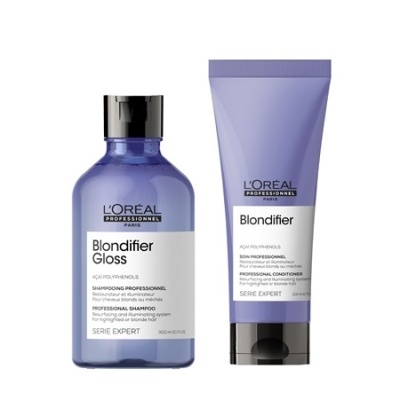 Shampoo e condicionador L'Oréal Professionnel Blondifier Gloss e Blondifier em frascos azul e lilás.