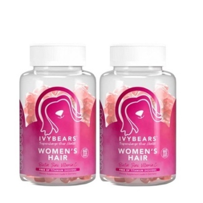 Dois frascos de gomas para cabelos femininos IVYBEARS com rótulo rosa e tampas brancas