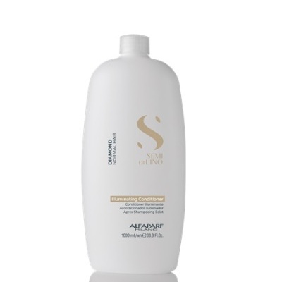 Frasco branco de amaciador Alfaparf com rótulo dourado