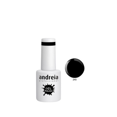 Frasco branco de verniz gel profissional Andreia com tampa branca e amostra de cor preta nº 240.