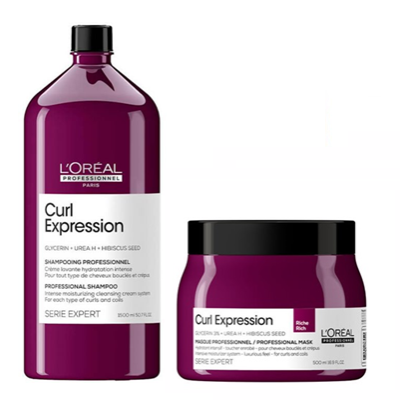 Shampoo e máscara LOréal Curl Expression em embalagens roxas com etiquetas brancas