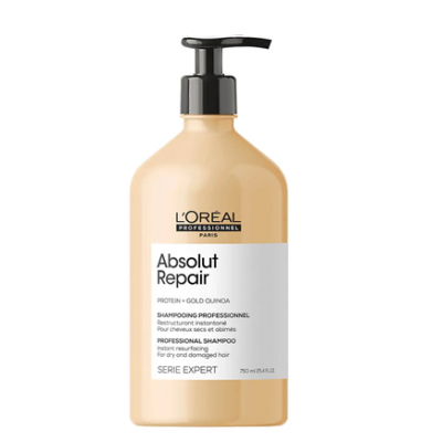 Frasco bege de champô profissional L'Oréal Absolut Repair com doseador