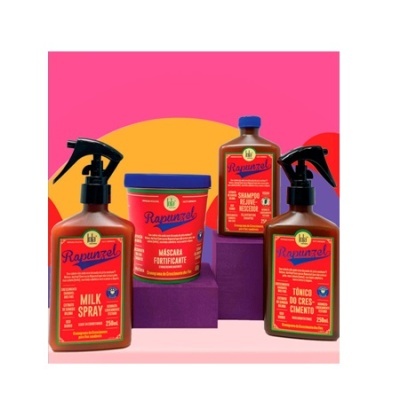 Produtos capilares Rapunzel em embalagens laranja e vermelho num fundo colorido.