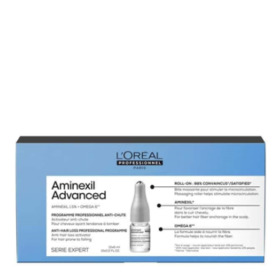 Embalagem azul e branca do Aminexil Advanced da L'Oréal Professionnel com frasco de 10ml