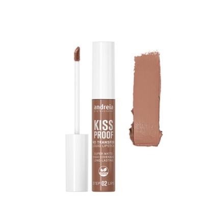 Batom líquido castanho da marca andreia profissional com aplicador e amostra da cor