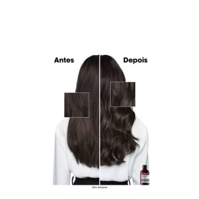 Comparação de cabelo antes e depois usando produto capilar com frasco visível