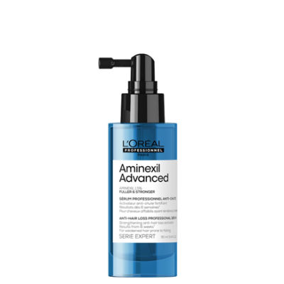 Frasco azul e preto de sérum L'Oréal Aminexil Advanced com doseador