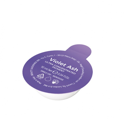 Cápsula plástica branca com tampa roxa e texto impresso para produto cosmético