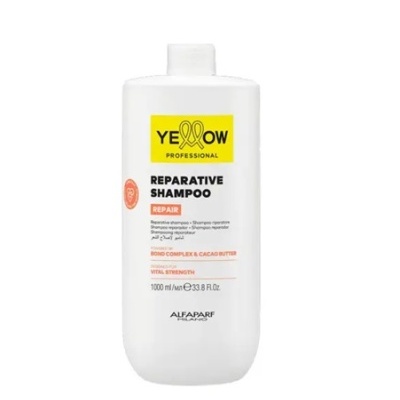 Frasco branco de champô reparador Yellow Professional com rótulo amarelo e texto preto e laranja