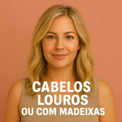 Mulher com cabelo loiro ondulado e blusa castanha clara com texto publicitário em fundo laranja