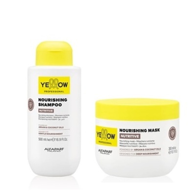 Conjunto champô e máscara nutritiva Yellow Professional Alfaparf, embalagens brancas, tampas amarelas