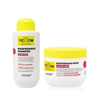 Produtos Maintenance Shampoo e Maintenance Mask da marca YELLOW PROFESSIONAL com tampas amarelas