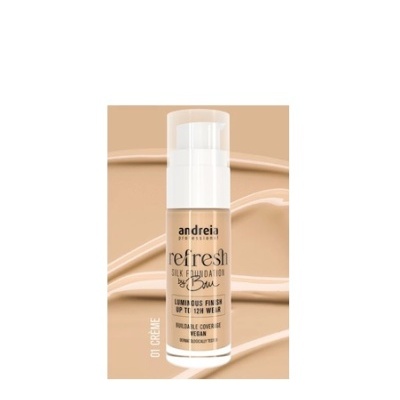 Frasco de base líquida Andreia Professional Refresh Silk Foundation sobre fundo bege com texturas da base