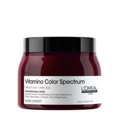 Frasco vermelho com tampa preta e rótulo branco da máscara capilar Vitamino Color Spectrum da L'Oreal Professionnel
