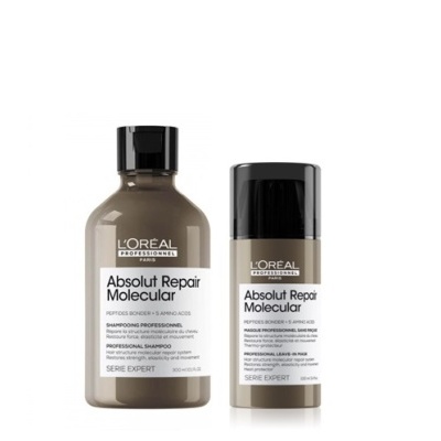 Dois produtos L'Oréal Absolut Repair Molecular, shampoo e tratamento em frascos castanhos com tampa preta