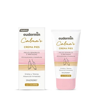 Creme para pés Eudermin Calma's em tubo e caixa, branco com detalhes rosa e castanho