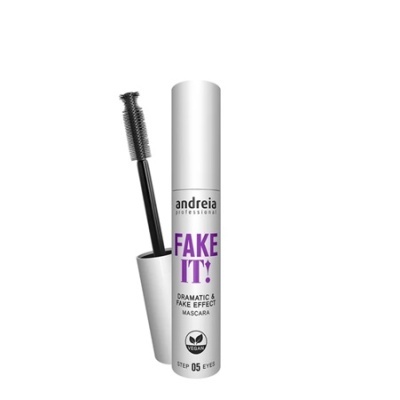 Máscara de pestanas Andreia Professional FAKE IT! branco, texto roxo e preto, aplicador visível